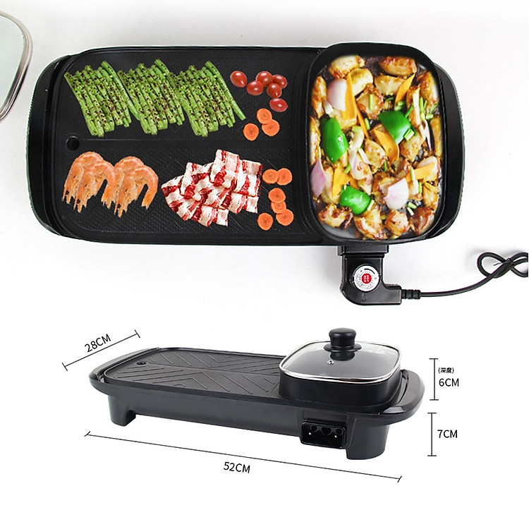 Bếp lẩu nướng 2in1 đa năng cao cấp dài, nồi lẩu kiêm nướng công suất 1300w, bề mặt tráng men chống dính – Hàng chính hãng
