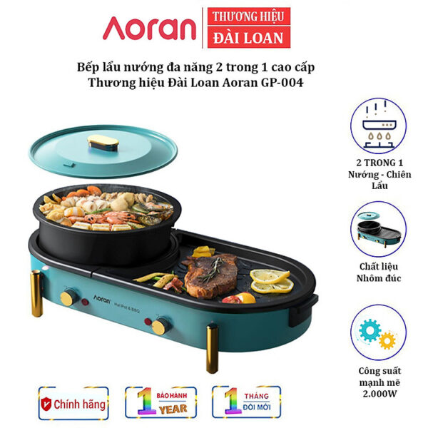 Bếp lẩu nướng đa năng 2 trong 1 cao cấp Aoran GP-004 Công suất 2000W Chất liệu: Nhôm đúc + Nhựa ABS - HÀNG CHÍNH HÃNG