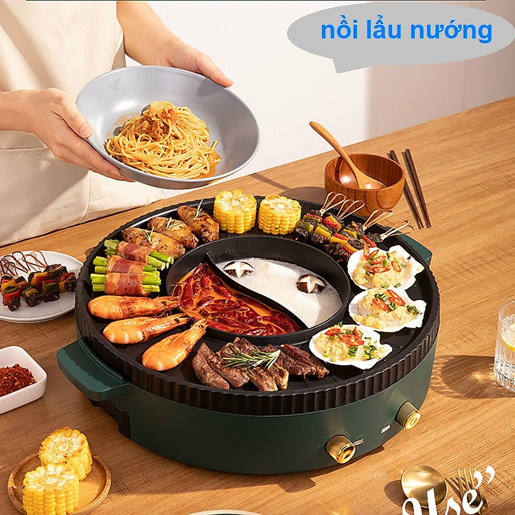 Bếp Lẩu Nướng Đa Năng 2 Trong 1, Lẩu Nướng Tròn Xanh 2 Nút Bật Tắt Riêng Biệt – Hàng Chính Hãng