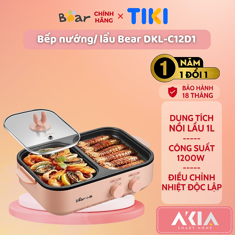 Bếp Lẩu Nướng Điện mini Bear DKL-C12D1 1L – Điều chỉnh nhiệt độc lập, Dung tích nấu lẩu 1L – HÀNG CHÍNH HÃNG