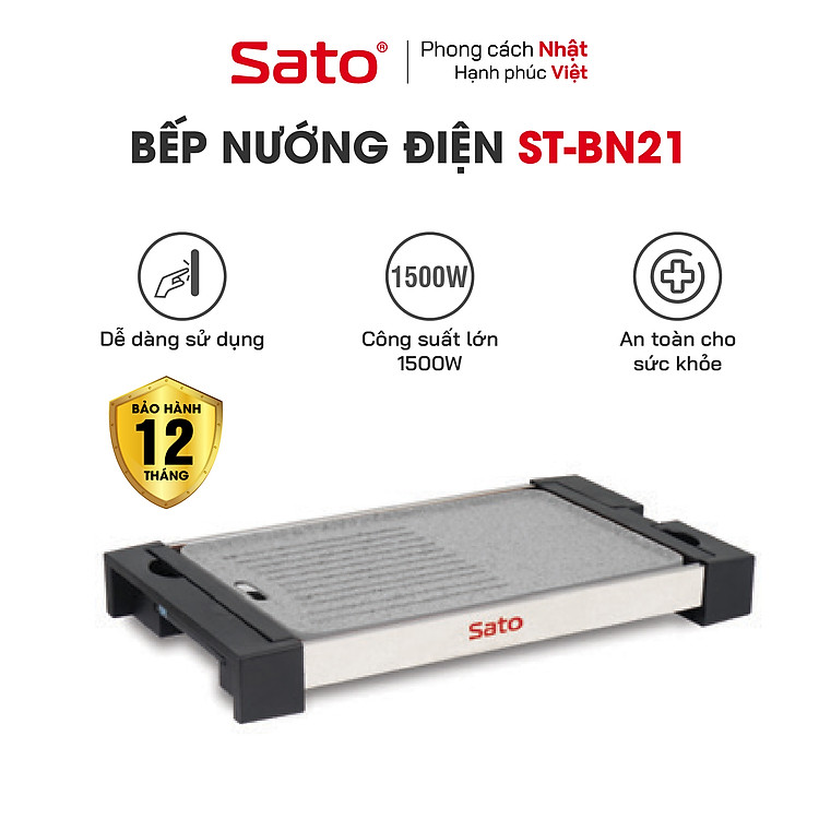 Bếp nướng điện SATO BN21 – Nướng nhanh, tiết kệm điện, không khói bụi. Thân bếp hợp kim nhôm đúc nguyên khối phủ chống dính cao cấp – Miễn phí vận chuyển toàn quốc – Hàng chính…