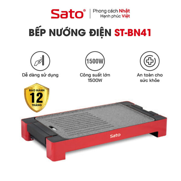 Bếp nướng điện SATO BN41 - Thân bếp hợp kim nhôm đúc nguyên khối phủ chống dính cao cấp. Công nghệ Nhật Bản - Sản xuất tại Việt Nam - Miễn phí vận chuyển toàn quốc - Hàng chính...