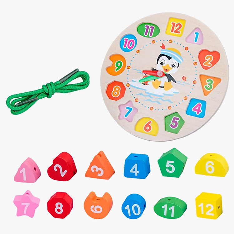Đồ Chơi Montessori Giúp Bé Học Xem Giờ, Hình Khối Màu Sắc Kết Hợp Trò Chơi Xâu Chuỗi Hình Khối