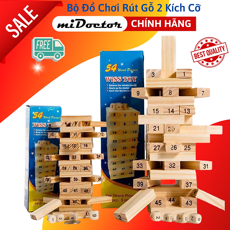 Đồ Chơi Rút Gỗ Cỡ Lớn Cao Cấp – Chọn Size – 54 Thanh Rút Gỗ Kèm 4 Con Súc Sắc Cho Bé – Bộ Đồ Chơi Rút Gỗ Chính Hãng miDoctor