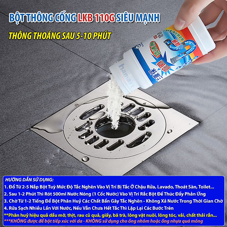 Lọ Bột Thông Cống LKB 110g Thông Tắc Nghẽn Toilet Bồn Chậu Rửa Lavabo Ống Nước Siêu Mạnh
