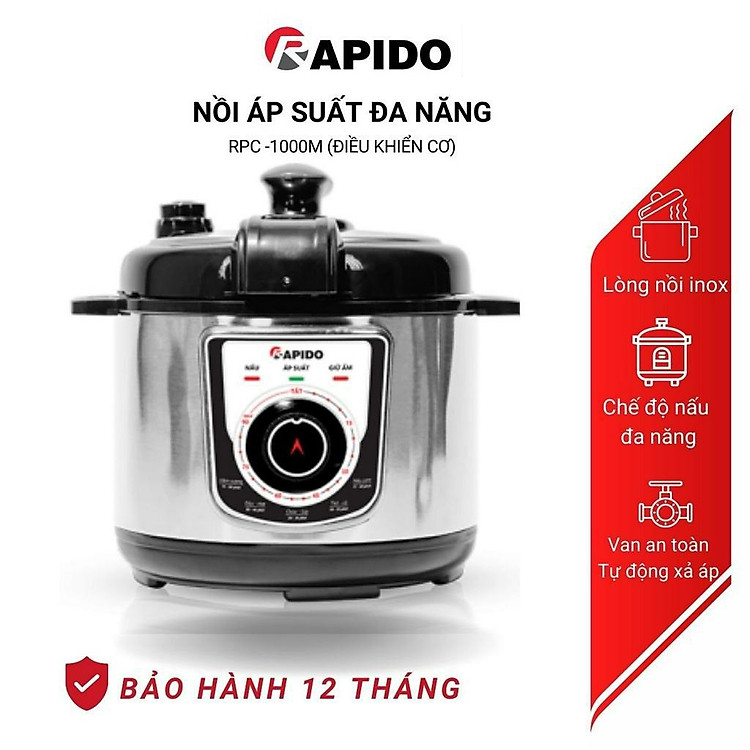 Nồi áp suất đa năng Rapido RPC-1000M chế độ nấu an toàn, tự động xả áp, dung tích 5L – Hàng chính hãng