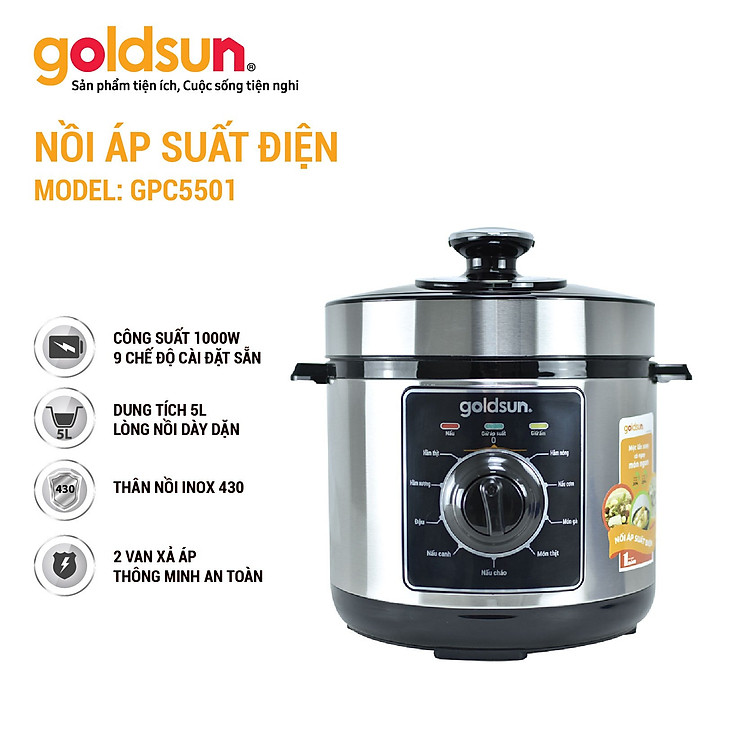 Nồi Áp Suất Điện Đa Năng Goldsun GPC5501 Dung Tích 6L 9 Chế Độ Nấu – Hàng chính hãng Goldsun