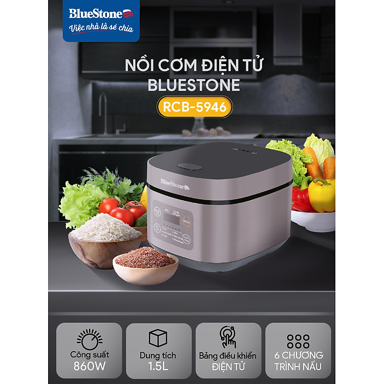 Nồi Cơm Điện Tử BlueStone RCB-5946 – Dung Tích 1,5 lít – Công suất 860W – Lòng nồi phủ chống dính cao cấp an toàn sức khỏe – 6 chế độ cài đặt sẵn – Bảo hành 2 năm – Hàng chính hãng