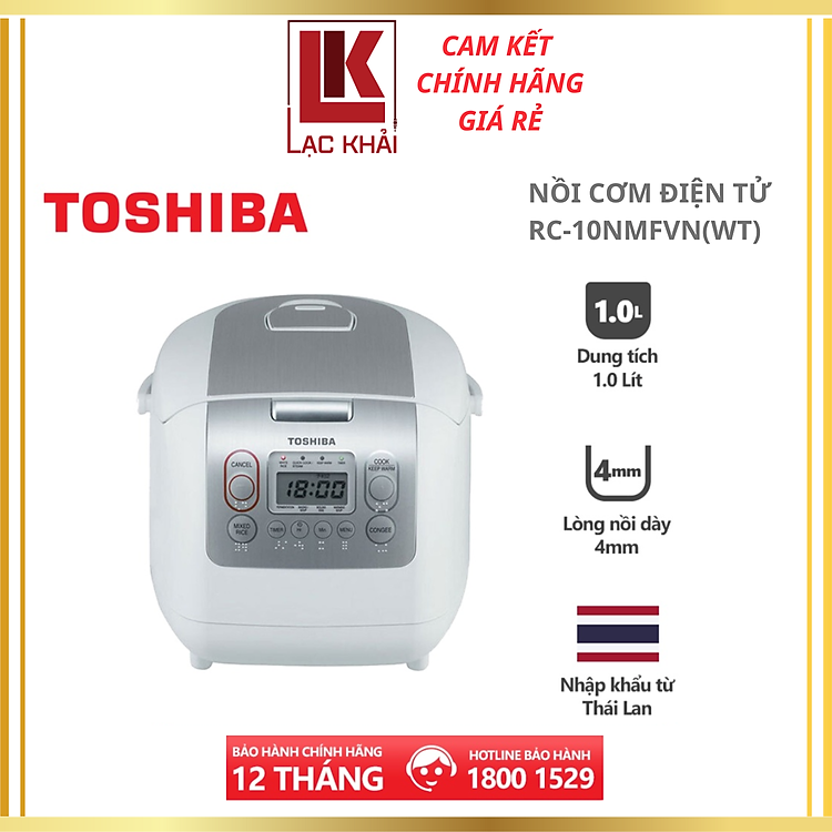 Nồi cơm điện tử Toshiba RC-10NMFVN(WT) – 1.0L – Xuất xứ Thái Lan – Lòng nồi dày 4mm, 2 lớp chống dính trong và ngoài – Chế độ nấu tự động đa dạng – Hàng chính hãng, bảo hành 12…