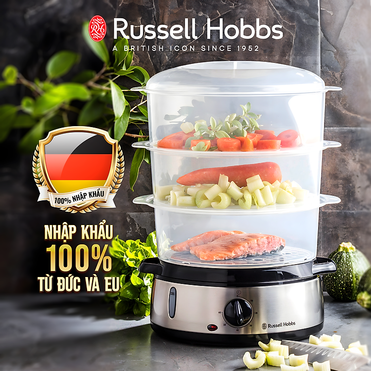 Nồi Hấp Điện 3 Tầng Russell Hobbs 19270-56, 9 lít, 2 cửa cấp nước, công suất 800w, công tắc tự động, an toàn – Hàng chính hãng nhập khẩu từ Đức & EU