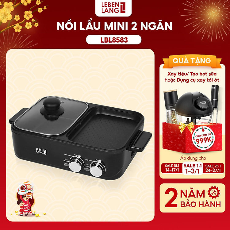 Nồi lẩu điện 2 ngăn mini Lebenlang LBL8583, bếp lẩu nướng 2in1 công suất 1300W, 1200ml nhanh gọn tiện lợi – hàng chính hãng