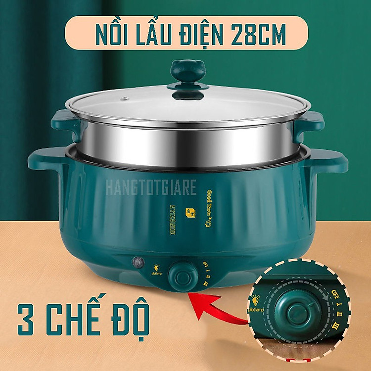 Nồi Lẩu Điện Mini Đa Năng 28CM, Chống Dính Vân Đá Cao Cấp Công Suất 1000W – Tiện Dụng 3 Nấc Nhiệt Kèm Giá Hấp – Hàng Chính hãng