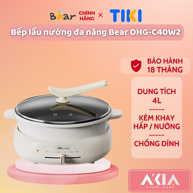 Nồi lẩu nướng đa năng Bear DHG-C40W2, 3 khay in 1, dung tích 4L, chống dính tốt, kèm khay hấp – HÀNG CHÍNH HÃNG