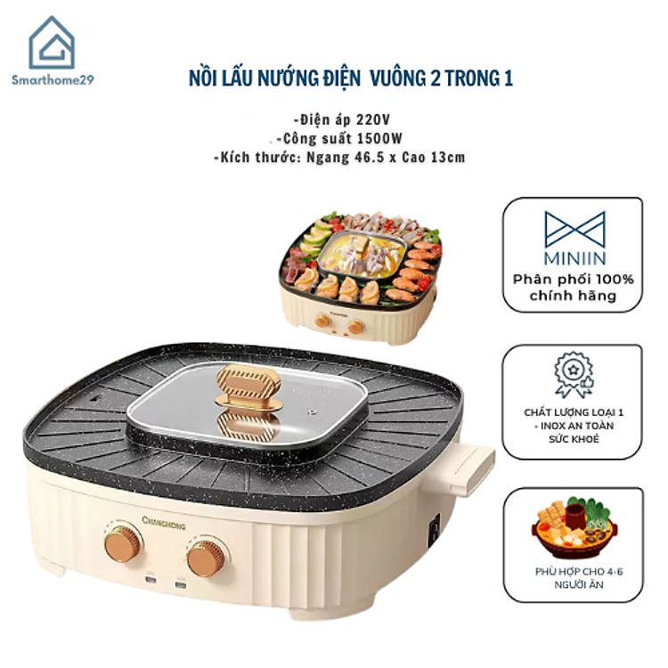 Nồi Lẩu Nướng Vuông Đa Năng Dùng cho 4-6 người ăn lẩu nướng Chất Liệu Chống Dính Cao Cấp – Nồi lẩu Nướng 2 Trong 1 – Hàng Chính Hãng MINIIN