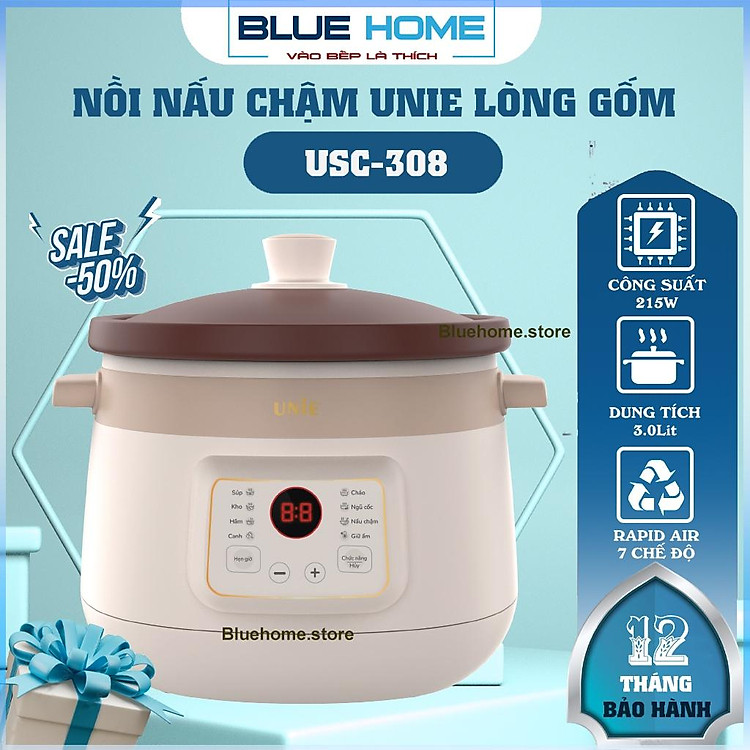 Nồi Nấu Chậm Lòng Gốm Unie USC308, Dung Tích 3Lit – Công Suất 215w, Hàng Chính Hãng