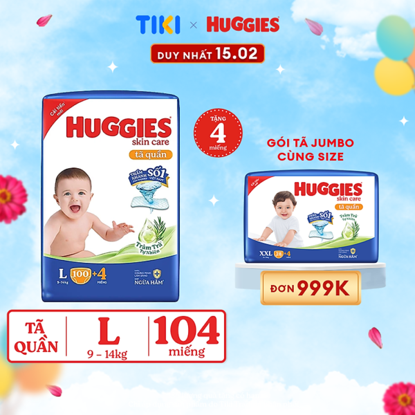 Tã quần Huggies Skin Care Mega Jumbo L100+4 miếng với tràm trà dịu da