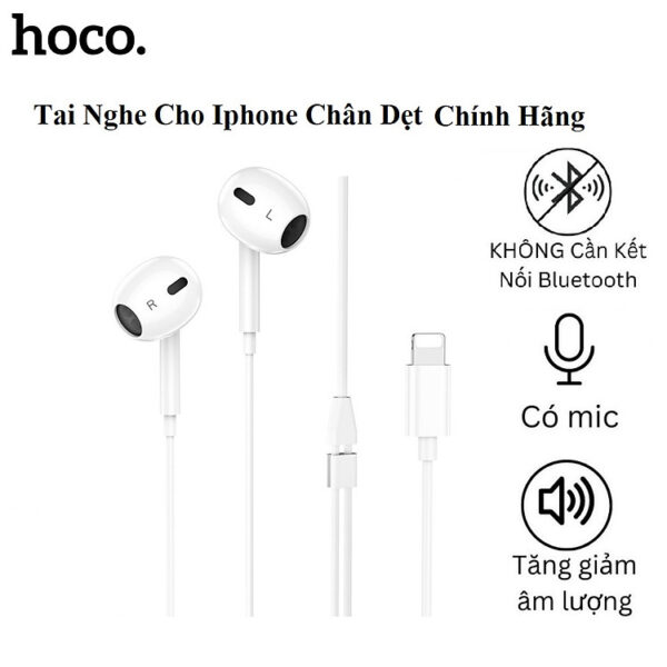 Tai nghe cho Iphone chân dẹt cao cấp Hoco. M111 Max/Pro hỗ trợ nghe gọi mic đầy đủ, cắm dùng trực tiếp không cần kết nối bluetooth - Hàng chính hãng