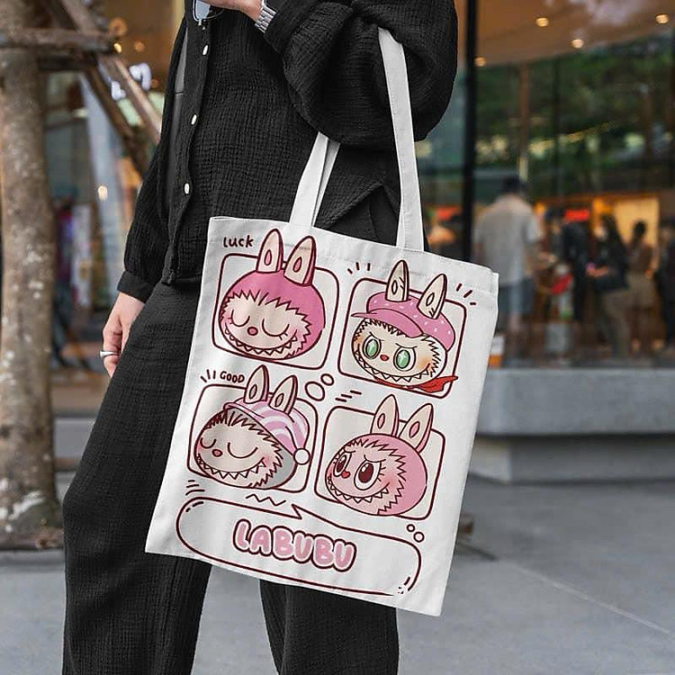 Túi xách nữ túi tote chất liệu vải họa tiết hoạt hình labubu kích thước 38 * 32cm đi chơi tiện lợi