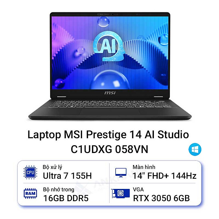 MSI Prestige 14 AI Studio C1UDXG-058VN (Ultra 7 155H/ 16GB/ 1TB SSD/ RTX 3050 6Gb/ 14 inch FHD+/ 144Hz/ Win11/ Xám/ Túi) – HÀNG CHÍNH HÃNG