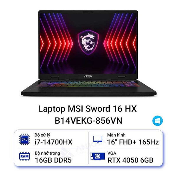 MSI Sword 16 HX B14VEKG-856VN (i7 14700HX/ 16GB/ 1TB SSD/ RTX 4050 6GB/ 16.1 inch FHD+/ 165Hz/ Win11/ Gray/ Balo) - HÀNG CHÍNH HÃNG