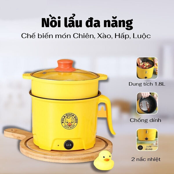 Nồi Lẩu Điện Mini Đa Năng Có Khay Hấp Vịt Vàng Duck (1.8L) - Nấu Mì, Cháo, Lẩu, Chiên, Xào, Luộc - Hàng Chính Hãng OnionDecor