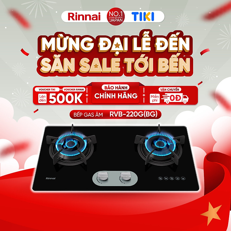 Bếp gas âm Rinnai RVB-220G(BG) mặt bếp kính và kiềng bếp gang – Hàng chính hãng.