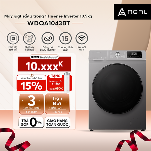 Máy Giặt Sấy 2IN1 Hisense Inverter 10.5kg WDQA1043BT Vệ Sinh Lồng Giặt , Giặt Sấy 60 Phút, Bảo Hành Chính Hãng 3 Năm - Hàng Chính Hãng