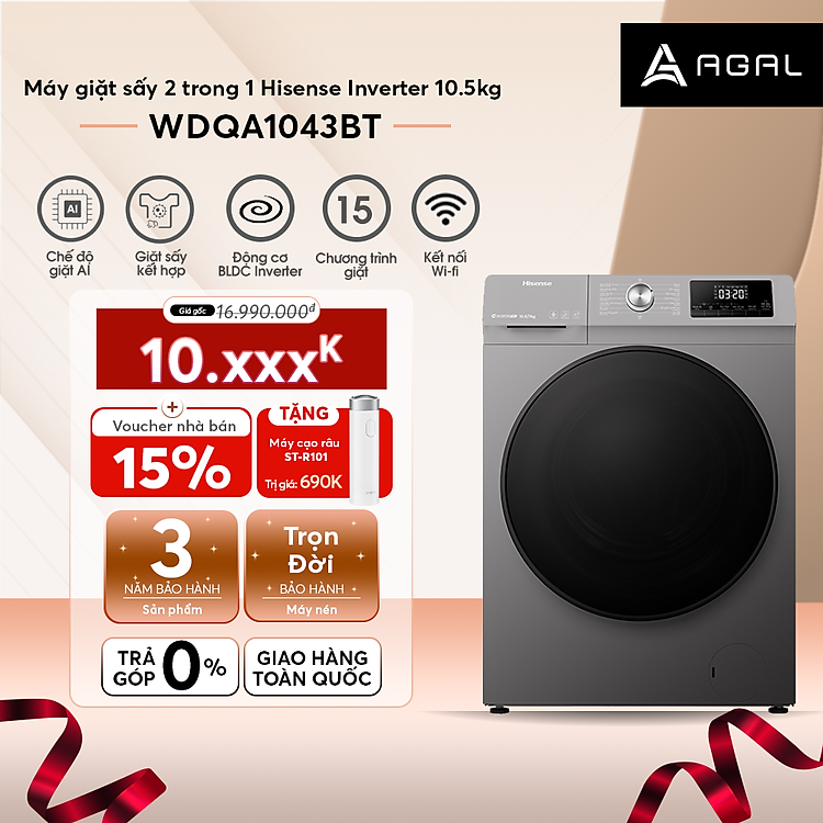 Máy Giặt Sấy 2IN1 Hisense Inverter 10.5kg WDQA1043BT Vệ Sinh Lồng Giặt , Giặt Sấy 60 Phút, Bảo Hành Chính Hãng 3 Năm – Hàng Chính Hãng
