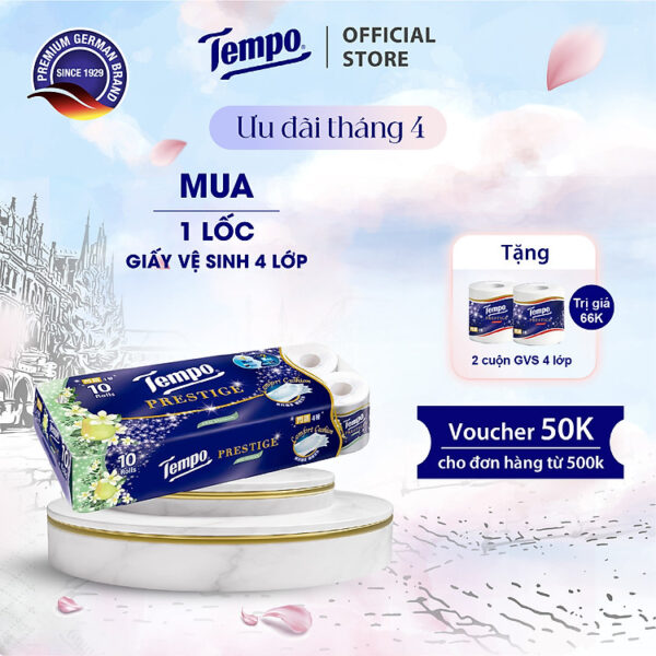 [MUA 1 LỐC TẶNG 2 CUỘN GIẤY VỆ SINH 4 LỚP PRESTIGE] Giấy vệ sinh cao cấp Prestige Mềm Mại - 4 lớp bền dai, an toàn - Thương Hiệu Đức (Lốc 10 Cuộn)