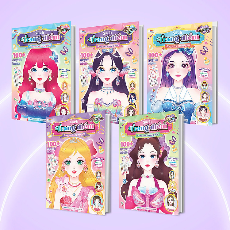 Combo Sách trang điểm công chúa Hàn Quốc Myra, Yuna, Jenny, Hana, Sunny (5 cuốn) (Tô màu và bóc dán hơn 500+ stickers cho bé)