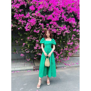 Đầm maxi cổ vuông tay phồng khoét eo xinh xắn thích hợp đi dạo phố, dự tiệc