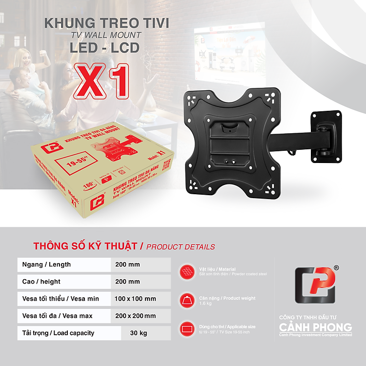 Giá treo tivi cố định, khung giá treo tivi led cho mọi hãng tivi từ 19-55inch – X1 – Hàng Chính Hãng