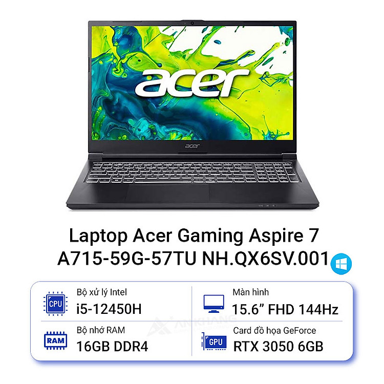 Laptop Acer Aspire 7 A715-59G-57TU NH.QX6SV.001 (Intel Core i5-12450H | RTX 3050 | 15.6 inch FHD | 16GB | 512GB | Win 11 | Đen) – HÀNG CHÍNH HÃNG