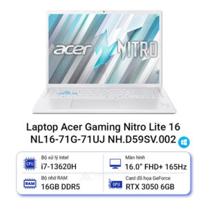 Laptop Acer Gaming Nitro Lite 16 NL16-71G-71UJ (Intel Core i7-13620H | RTX3050 | 16 inch FHD+ | 16GB | 512GB | Win 11 Home | Trắng) - HÀNG CHÍNH HÃNG