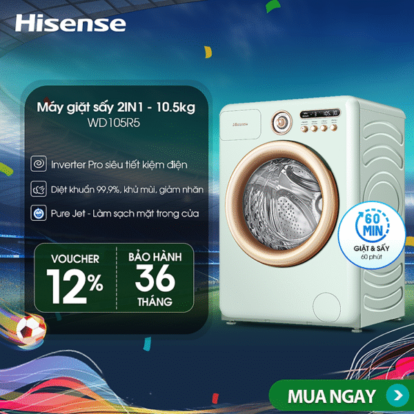 Máy giặt sấy Hisense 10.5kg Inverter Pro WD105R5 Diệt khuẩn Khử mùi 99.9%, Ngừa dị ứng, Giặt AI - HÀNG CHÍNH HÃNG