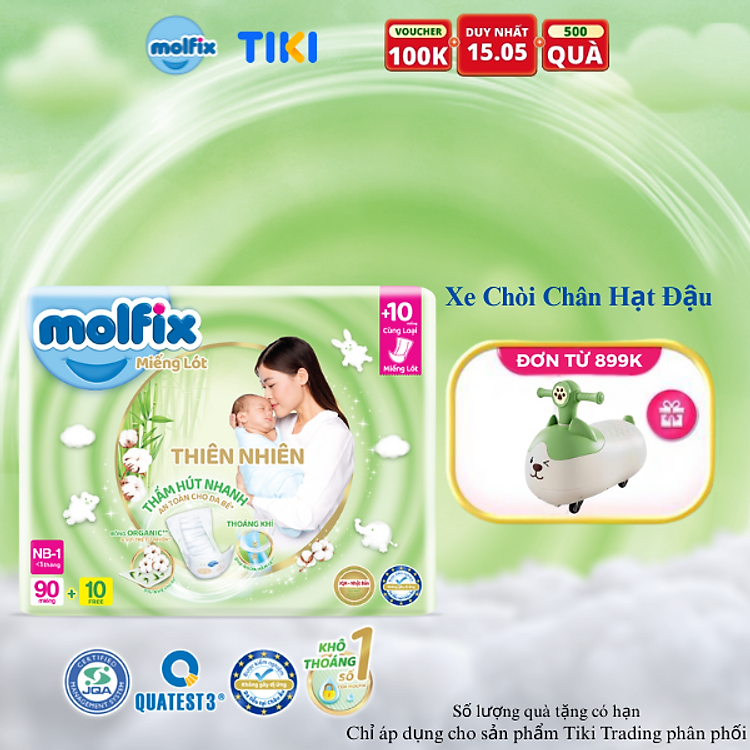 Miếng lót sơ sinh Molfix Thiên nhiên Super Jumbo Newborn 1 (dưới 1 tháng tuổi) – Gói 90+10 miếng