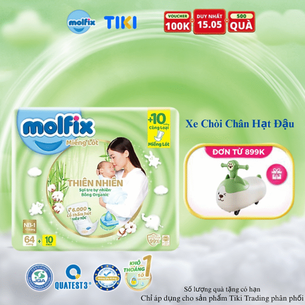 Miếng lót sơ sinh Molfix Thiên nhiên Super Jumbo Newborn 1 (dưới 1 tháng tuổi) - Gói 64+10 miếng