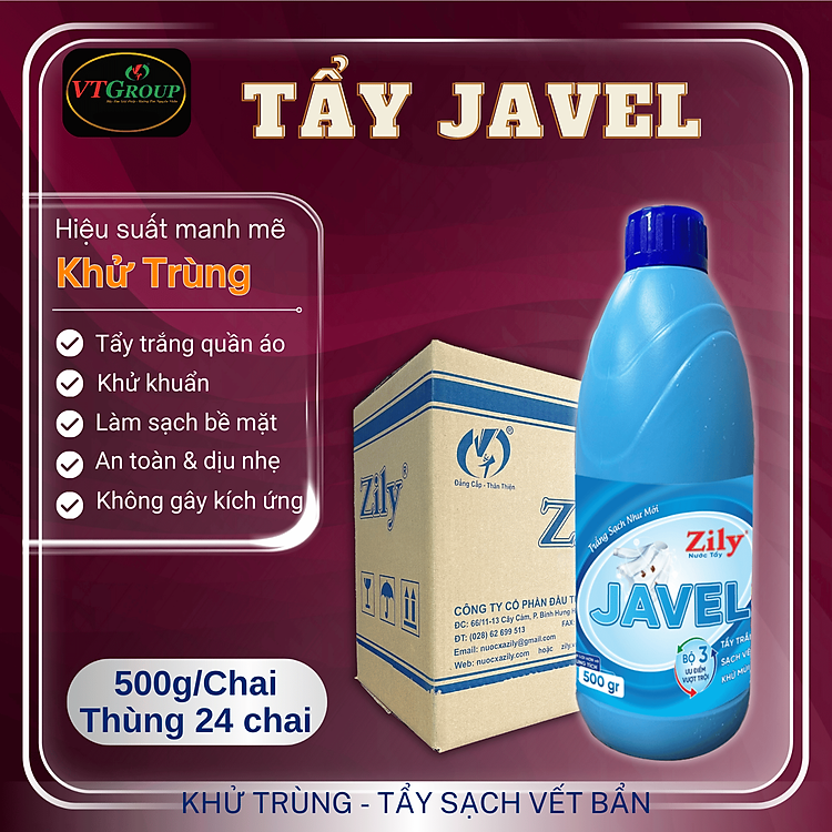 Nước Tẩy Trắng Javel Zily 500g – 24 Chai/Thùng