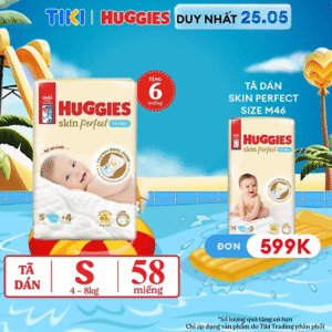 Tã/bỉm dán sơ sinh Huggies Skin Perfect S 54+4 miếng với 2 vùng thấm giảm kích ứng da