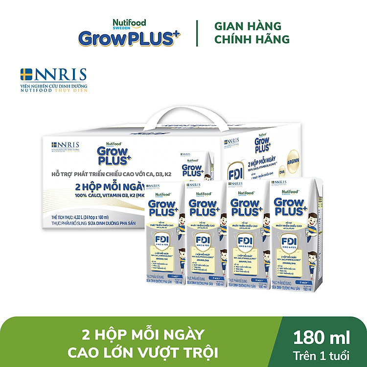 Thùng Sữa Bột Pha sẵn Nutifood GrowPLUS+ Cao Lớn Vượt Trội trên 1 tuổi (24 hộp x 180ml)