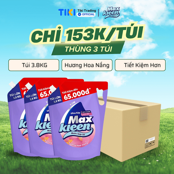 [Tiết kiệm] Thùng 3 Túi Nước Giặt Xả MaxKleen Hương Vườn Sớm Mai (3.8kgx3)