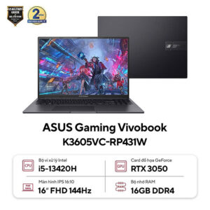 ASUS Gaming Vivobook 16X K3605VC-RP431W (Intel Core i5-13420H | RTX 3050 4GB | 16 inch WUXGA IPS | 16GB | 512GB | Win 11 | Đen) - HÀNG CHÍNH HÃNG