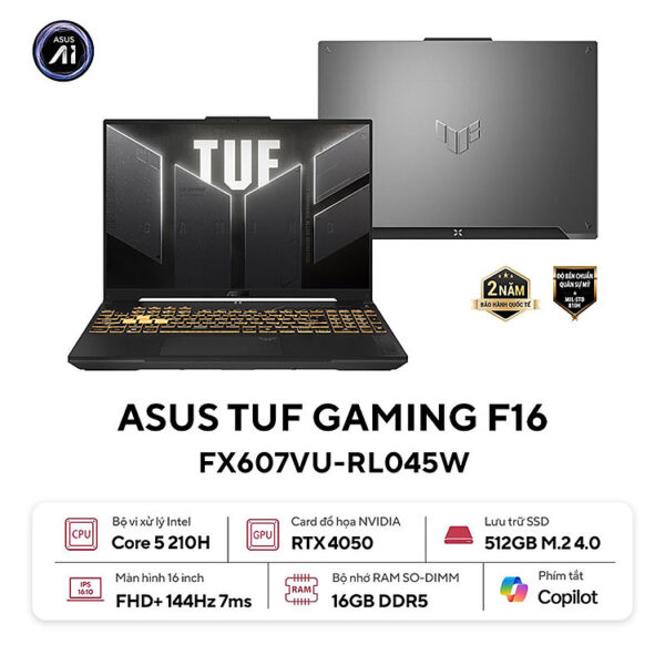 ASUS TUF Gaming F16 FX607VU-RL045W (Intel Core 5 210H | 16GB | 512GB | 16 inch FHD+ | RTX 4050 | Windows 11 Home | Xám) - HÀNG CHÍNH HÃNG