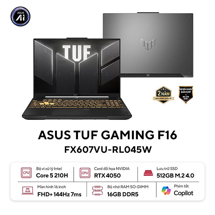 ASUS TUF Gaming F16 FX607VU-RL045W (Intel Core 5 210H | 16GB | 512GB | 16 inch FHD+ | RTX 4050 | Windows 11 Home | Xám) – HÀNG CHÍNH HÃNG