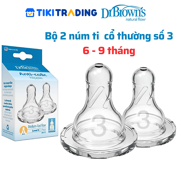 Bộ 2 núm ti Dr.Brown’s bình sữa cổ thường Số 3 (6 – 9 tháng)