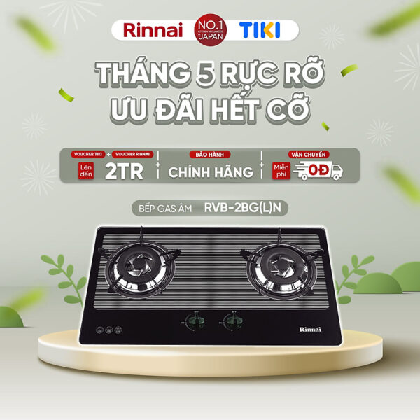 Bếp gas âm Rinnai RVB-2BG(L)N mặt bếp kính và kiềng bếp men - Hàng chính hãng.