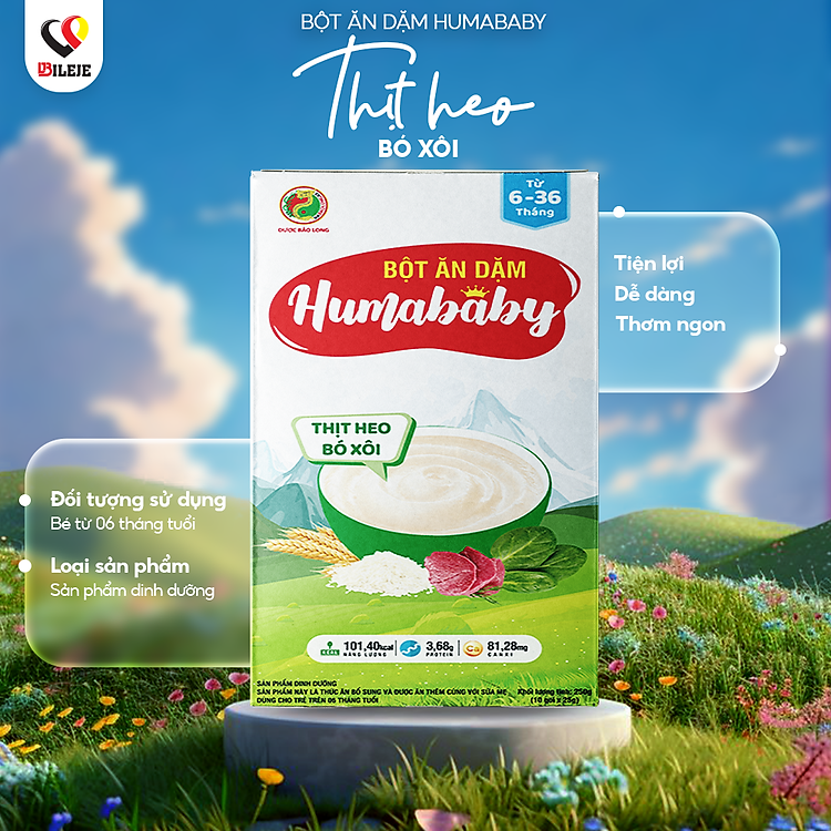 Bột Ăn Dặm Humababy Vị Thịt Heo – Bó Xôi – Hộp 10 Gói x 25g