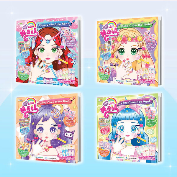 Combo 4 cuốn Tiệm Làm Nail Công chúa (1200+ stickers dễ thương) - Sách bóc dán sticker cho bé gái
