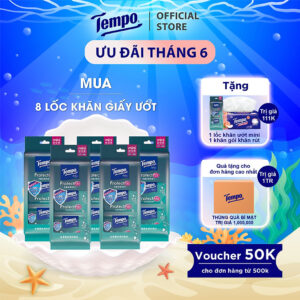 [MUA 8 LỐC TẶNG 1 LỐC + 1 GÓI GIẤY RÚT] Khăn ướt Mini Tempo Protect Ngăn Ngừa Vi Khuẩn cao cấp - Diệt khuẩn 99%