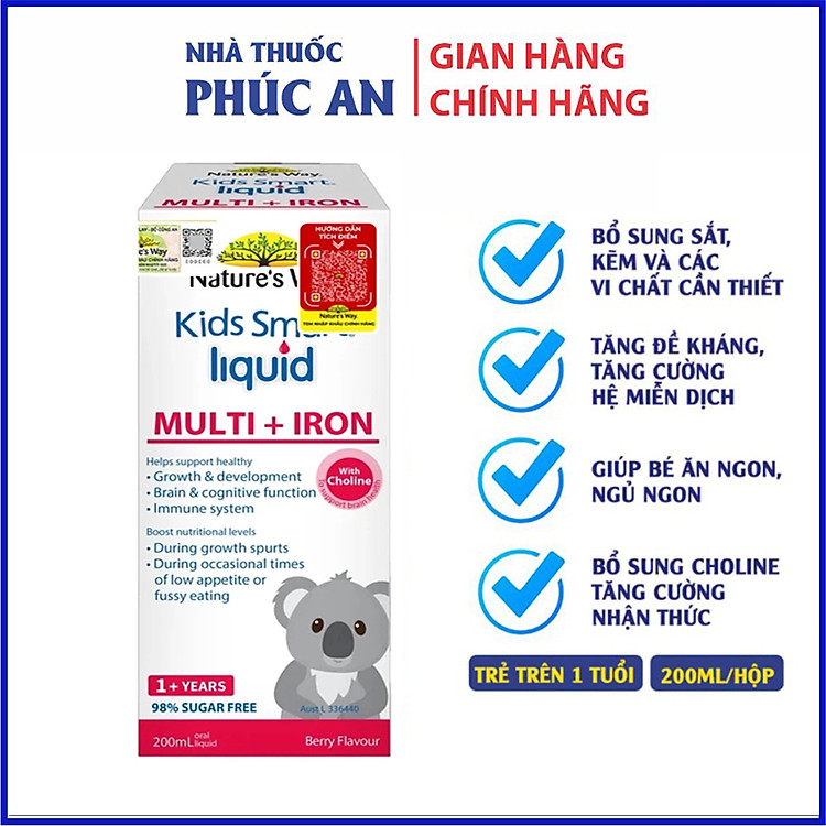 Siro bổ sung sắt, kẽm và vitamin tổng hợp cho bé Nature’s Way Kids Smart Liquid Multi + Iron 200ml
